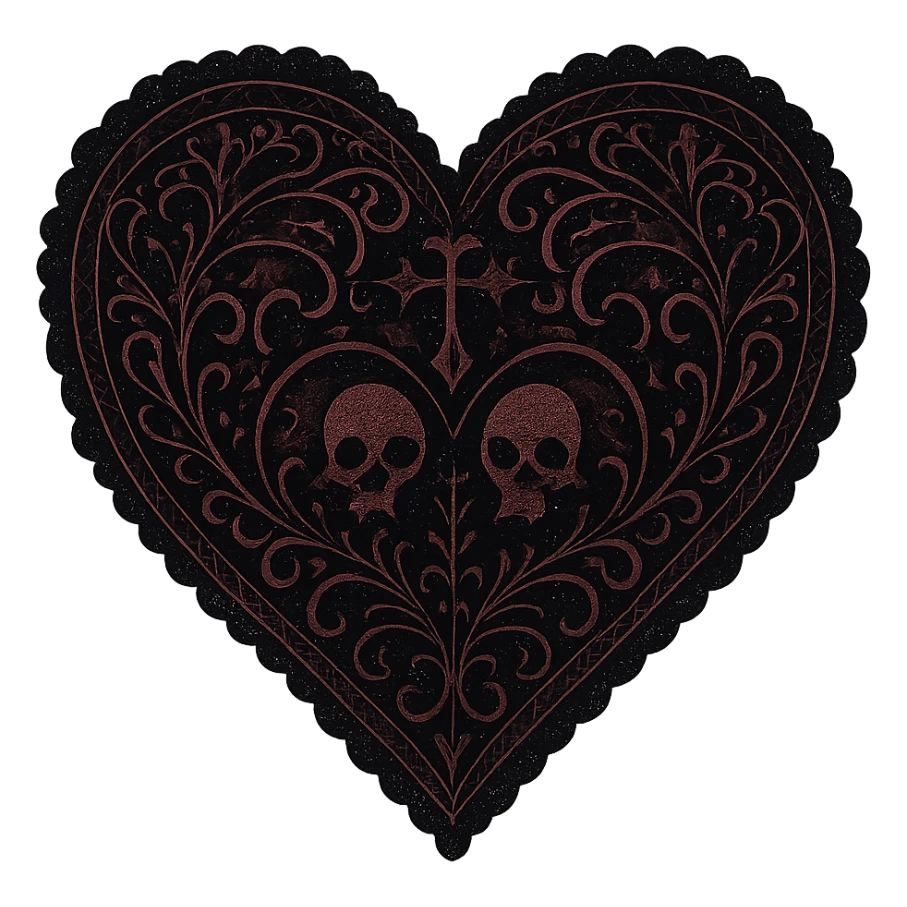 goth heart, black and deep red, ornate lace, subtle skull or cross motif, moody atmosphere, no background sticker