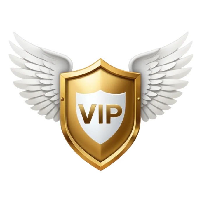 Gold shield with white wings and a large, bold VIP text in the center, simplified clean design with emphasis on the VIP label sticker
