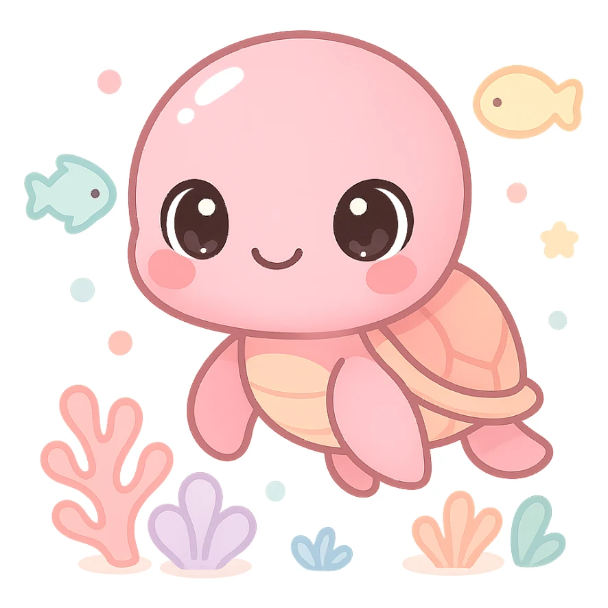 extremely cute underwater cartoon turtle, big round head, huge sparkling eyes, small smiling mouth, pink shiny skin, rosy cheeks, soft pastel colors, plastic toy-like texture, chibi style, surrounded by colorful fish and coral, gentle lighting, 3D-rendered, high detail, kawaii aesthetic sticker