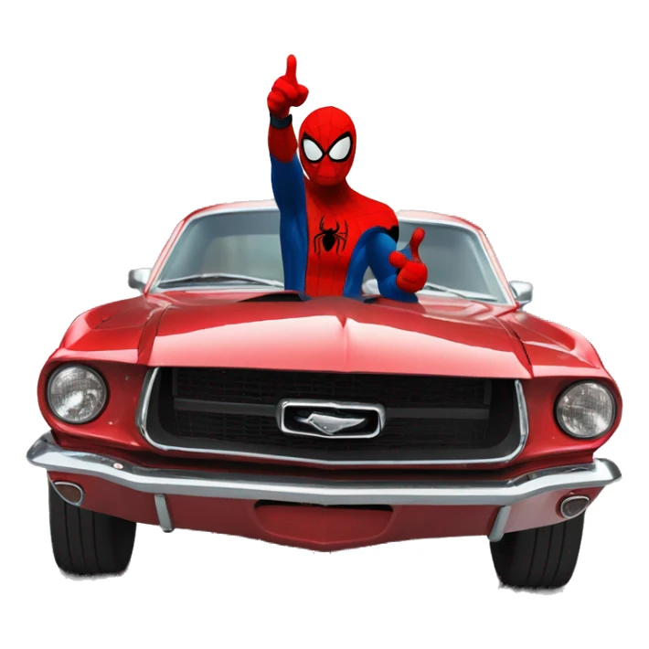 Spider-Man giving a thumbs up standing next to a 65 black Mustang fastback sticker