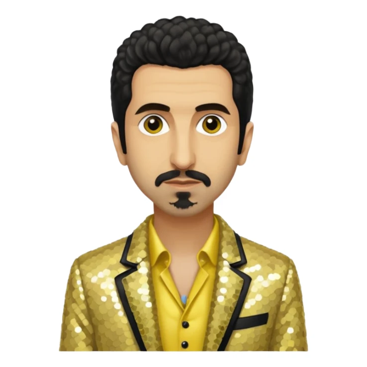 Serj Tankian with ivory sequin jacket, yellow shirt sticker
