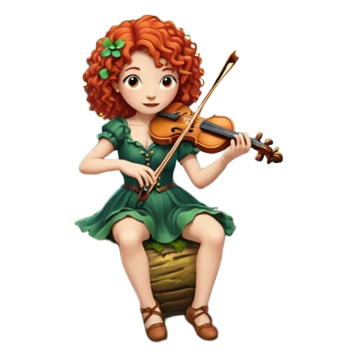 forest sticker character, curly red-haired woman playing violin on mossy log, mushrooms and fireflies around sticker