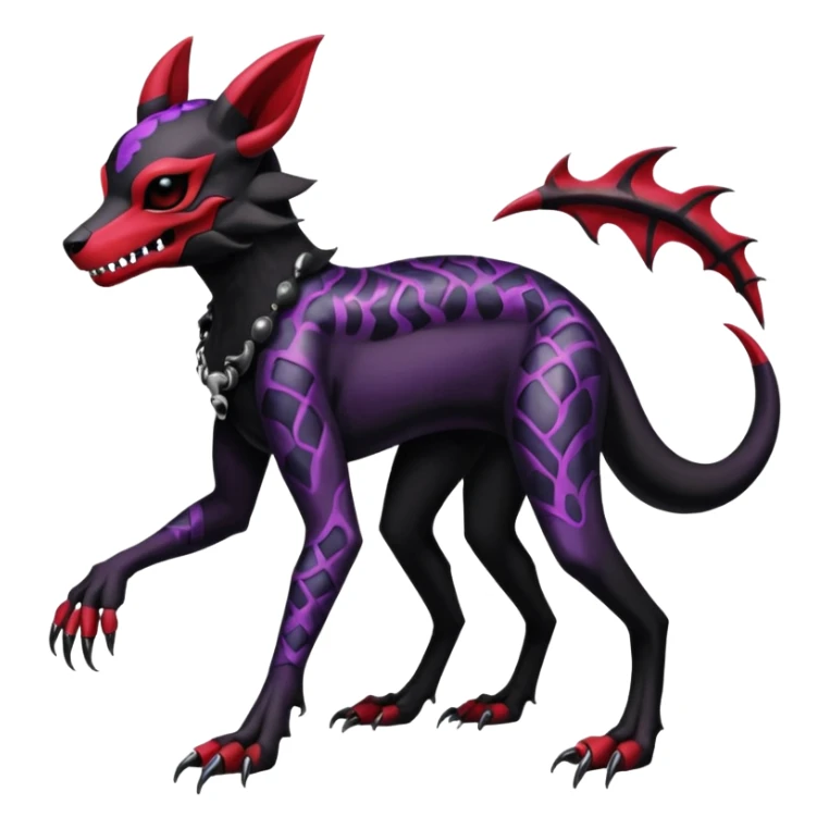 Gothic Black red purple Scaley Exotic Salandit-Umbreon-Noibat-Houndoom-Fakémon-hybrid-creature (full body), 4 legs, skull face mask sticker