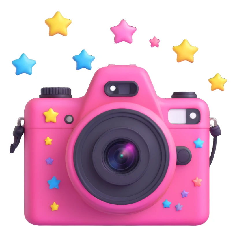 Enhance the 3D iOS style pink camera by adding extra kawaii details: cute stickers including stars, tiny pastel hearts, a small rainbow, and a smiling face on the lens. Maintain the playful and adorable look with glossy highlights and soft shading. sticker