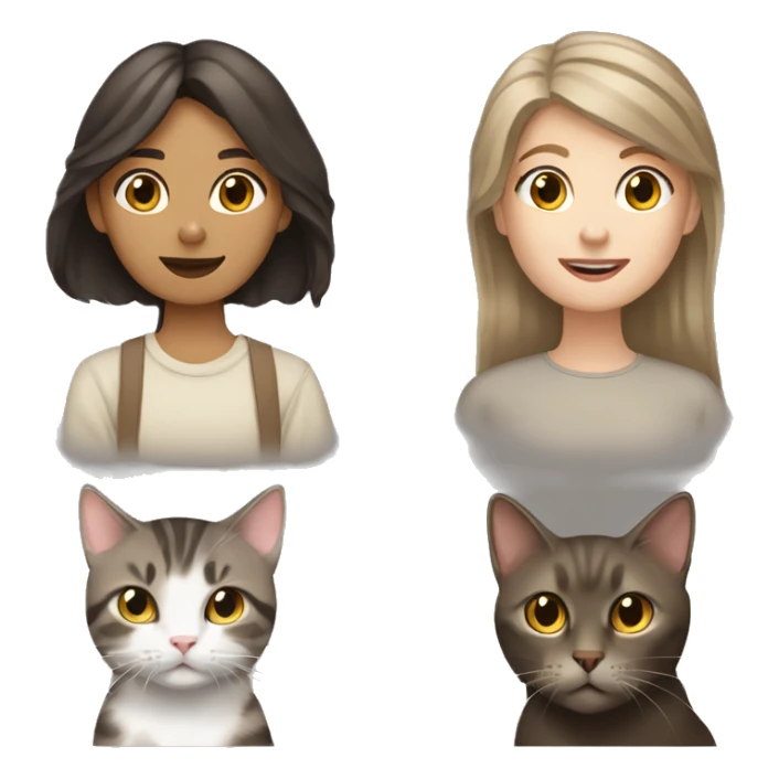 A dark brown haired girl and a gray and beige tabby cat sticker