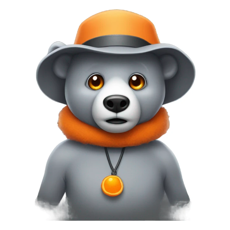 A animatronic grey bear with an orange hat and white eyes with one eye black sticker
