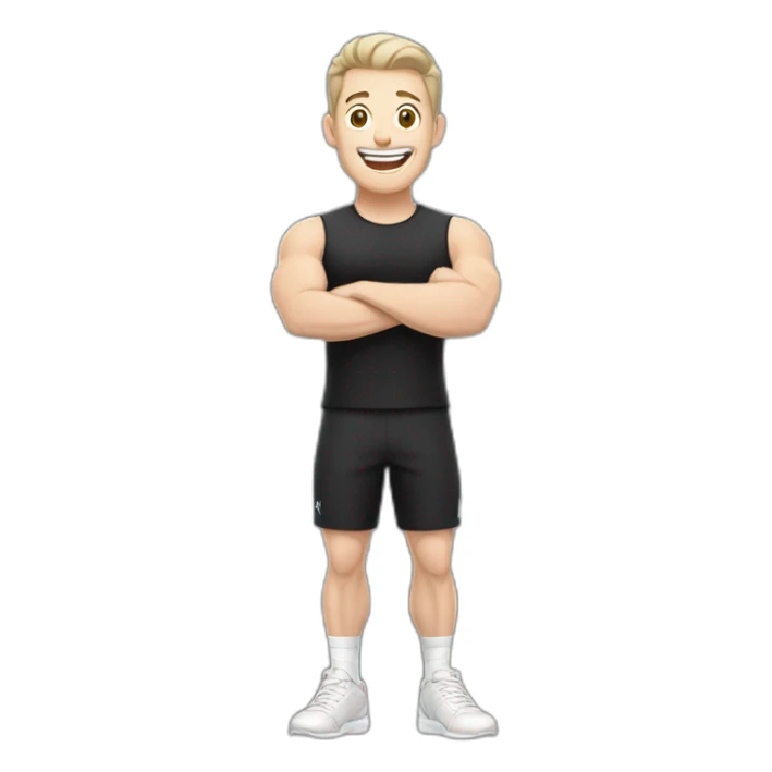 Joyful Celebrating victory Pale skinned Fit Man With the biceps and dark brown hair in black shirt, gray sports shorts and white Sneakers sticker