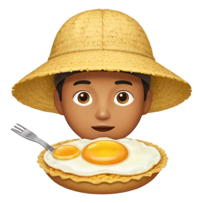 Asian guy with a rice hat eating an egg sticker