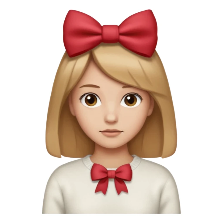 Pelo color marron claro acercándose a el rubio,suéter blanco con un moño marron, piel normal clara,y un mini moñito en la cabeza marron sticker
