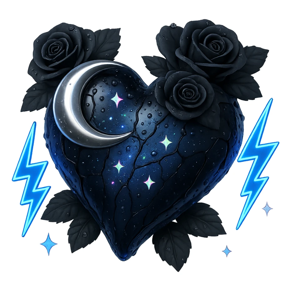 Edit the image to depict a dark blue glass gothic heart with a silver crescent, midnight roses, holographic sparkles, neon lightning bolts, drenched and cracked glass texture. The style should resemble 3D emoji style. Remove the background. sticker
