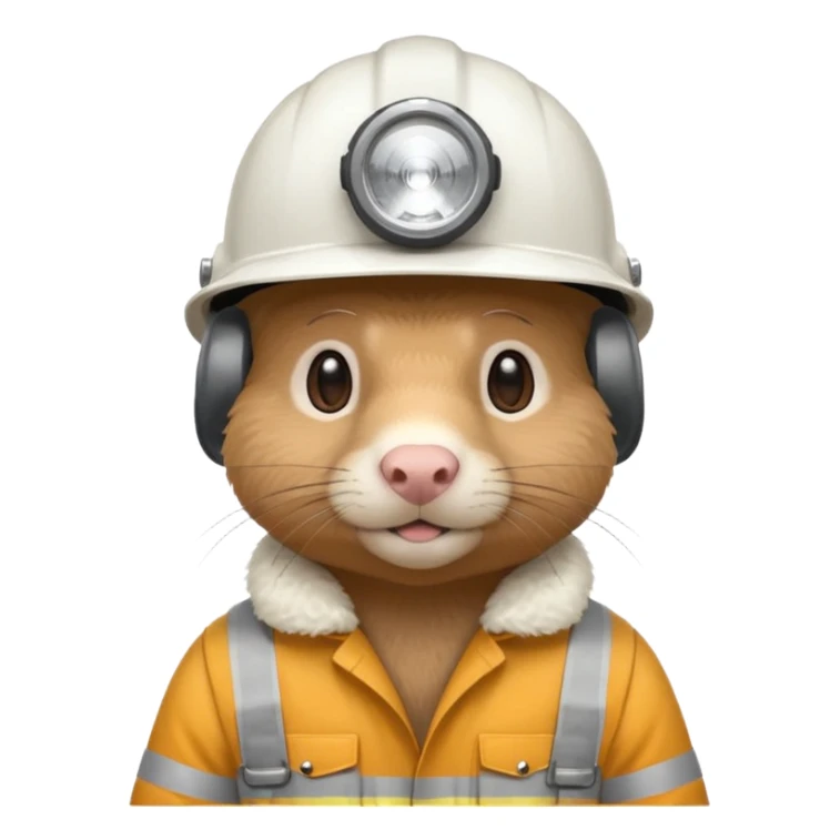 a mole rat, white helmet, headlamp, worker cloth sticker