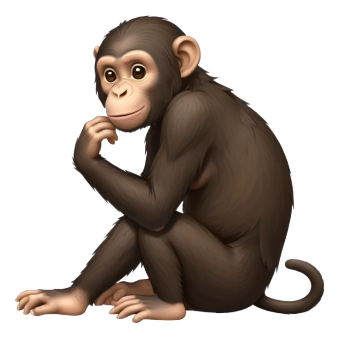cinematic- cute friendly chimpanzee-realistic-full-body-sitting relaxed, side view -emoji,-lean-and-agile-frame-relaxed-on-the-ground,-long-arms-resting-lightly,-head-tilted-curiously,-coarse-dark-brown-fur,-expressive-deep-set-eyes,-simplified-yet-realistic sticker