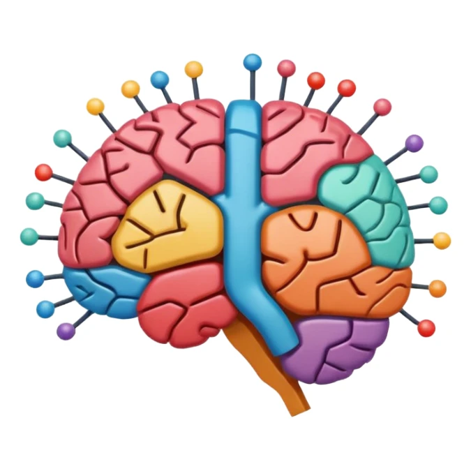 Stylized brain illustration with YouTube logo elements integrated, neural network nodes forming play button shape, digital art style, vibrant color palette, professional icon design, square format sticker