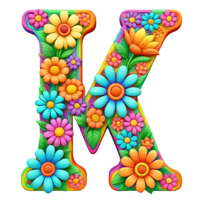 3D, gothic style psychedelic colored Letter V with hippie style flower border sticker