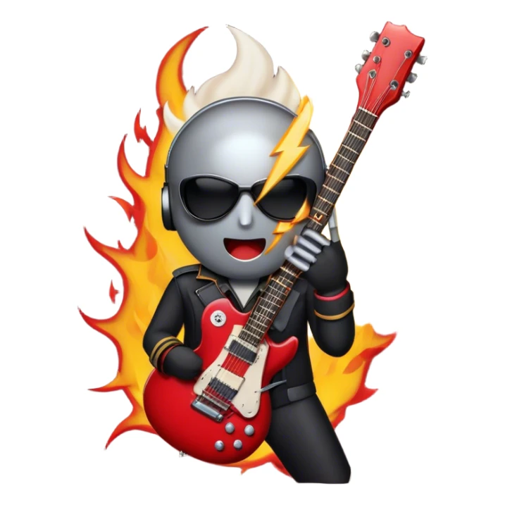 Create a bold and dynamic emoji representing rock vocal performance in a humanless collage. The design should feature a vintage microphone at the center, surrounded by key rock elements like an electric guitar, drumsticks, and a guitar pick. Include symbols of energy, such as lightning bolts or flames, and subtle musical notes or sound waves to evoke the raw power of rock vocals. Use dark, bold colors like black, silver, and red, with hints of chrome or metallic accents to convey the edgy, rebellious spirit of rock music. The background should be transparent. sticker