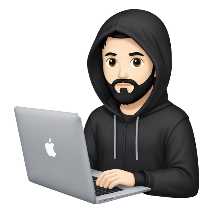 hackeur blanc cheveux noir barbe et capuche noir avec un macbook sticker