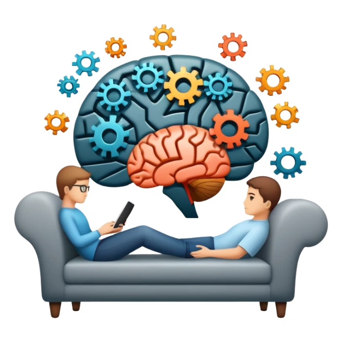 An icon featuring a brain with gears, a mind map, and a therapy couch, symbolizing psychology. The design includes a set of mental health tools and a silhouette of a person in deep thought, representing understanding the human mind. Transparent background sticker