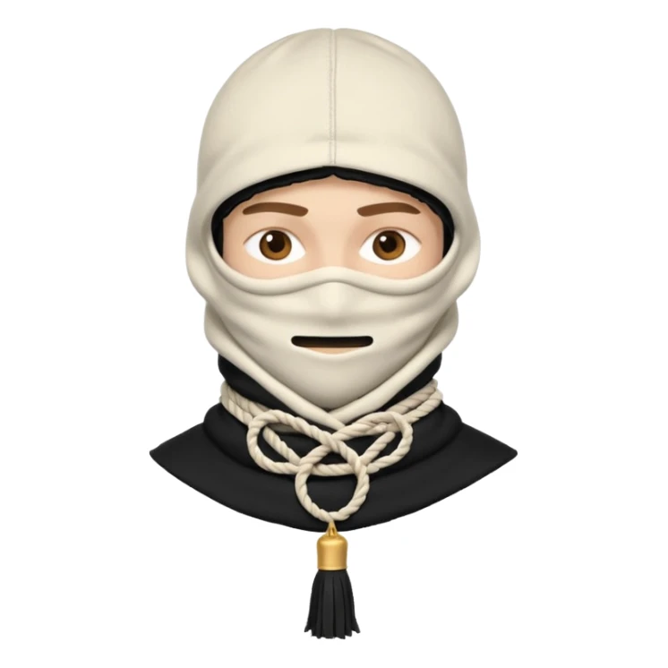 Ultra-detailed studio shot of a post-apocalyptic off-white balaclava — deconstructed, frayed, layered, with braided rope tassels and subtle embroidery. Minimalist white background, soft lighting, sharp focus. High-fashion streetwear aesthetic. sticker