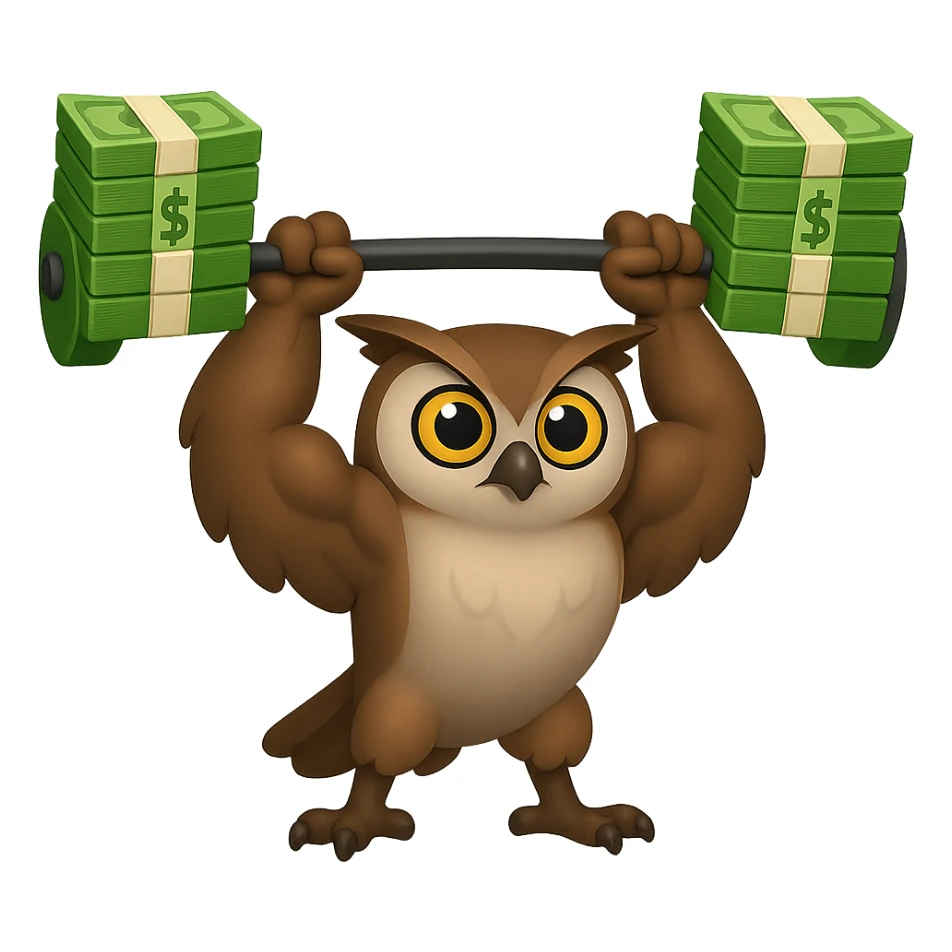 В стилистике эмоджи сгенерируй сову-штангистку. Она с накачанными крыльями пытается поднять штангу, с блинами в виде пачек зеленых купюр, прозрачный фон sticker