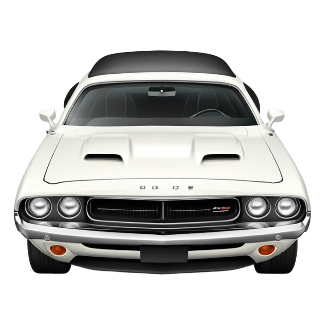 Refined white 1971 Dodge Challenger with exact proportions, perfect three-quarter 30-degree angle view, detailed front end with visible headlights and grille, pure white color, iOS emoji style sticker