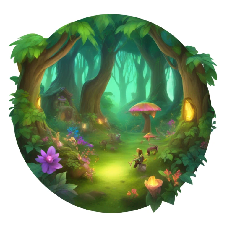 A magical forest. In the background, there is a city and a beautiful sunset sticker