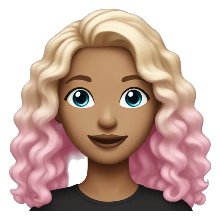 White-skinned adult woman, smiling, glitter pink makeup on her face, blue eyes, long brown-to-blonde ombre wavy hair, ring earrings, black T-shirt. sticker