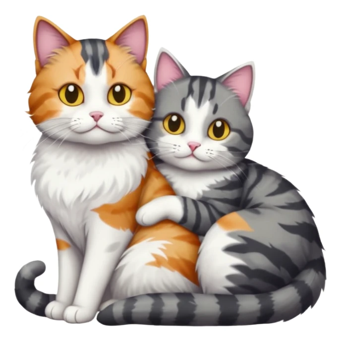 full body colourful light patched calico + white tabby cat cuddling a bigger cat that is dark grey and white tabby cat  and they are in love sticker