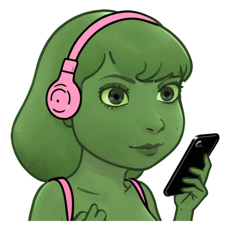 kawaii girl scrolling on pink cell phone sticker