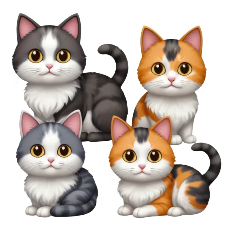 4 different coloured short haired cats including; a dark brown and white cat, and a dark grey and white, and a calico sticker