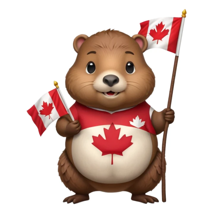 Hyperrealistic Pixar-style chubby beaver, holding a realistic canadian flag, still life, high detail, colorful. 4k, no emoji faces, no emoji icons, no human figures, 300 dpi sticker