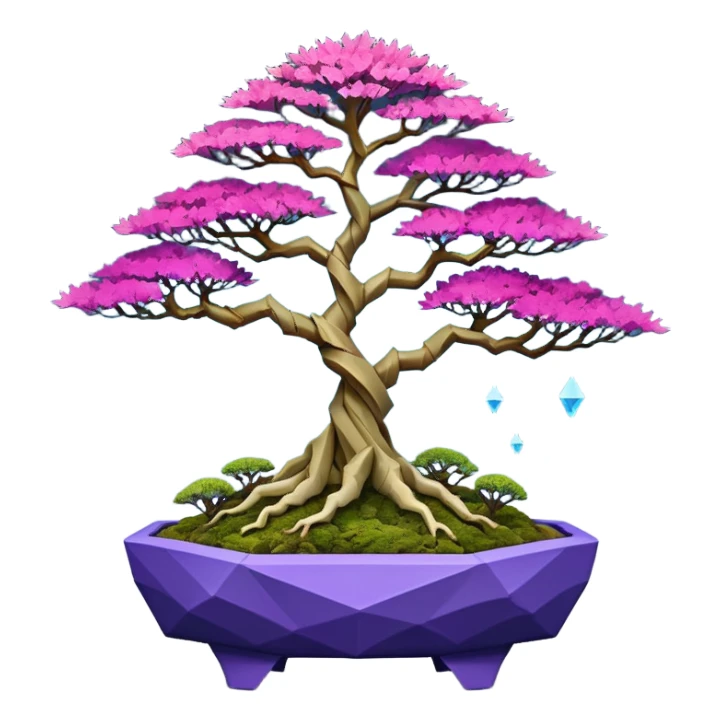 Futuristic wild glowing et alien moss maples Bonsai hair-fine-leaf group crimson crystal boxwood purple and cream pink blue informal rocky cliffhanger eight tree forest planting in shallow origami slab style pot with big feet  sticker