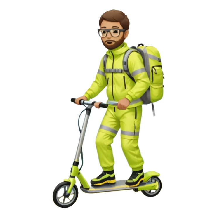 Man wearing a neon yellow high-vis waterproof suit with reflective stripes, carrying a large hiking backpack, standing on a stunt scooter. He has short brown hair, a trimmed beard, glasses, and is by the sea on a concrete platform. sticker