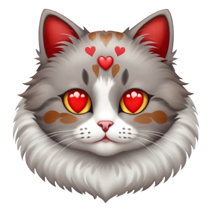 Grey Brown cat with red spots and a white heart sticker