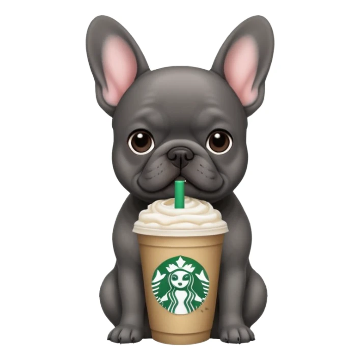 dark grey french bulldog with starbucks drink sticker