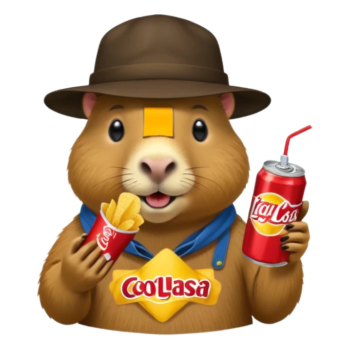 Capybara with a cool hat  eating Lays chips with coke sticker