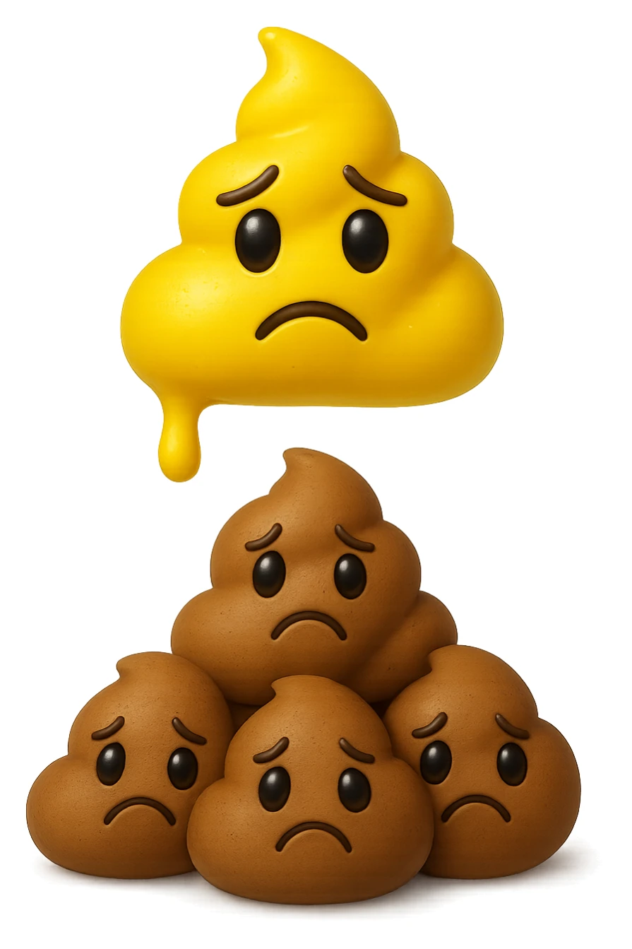 emoji stile iphone di una cacca giallina e liquida con espressione triste, sopra una montagnetta di feci a palline con espressione triste, iperrealistico 4k, isolato su sfondo bianco sticker