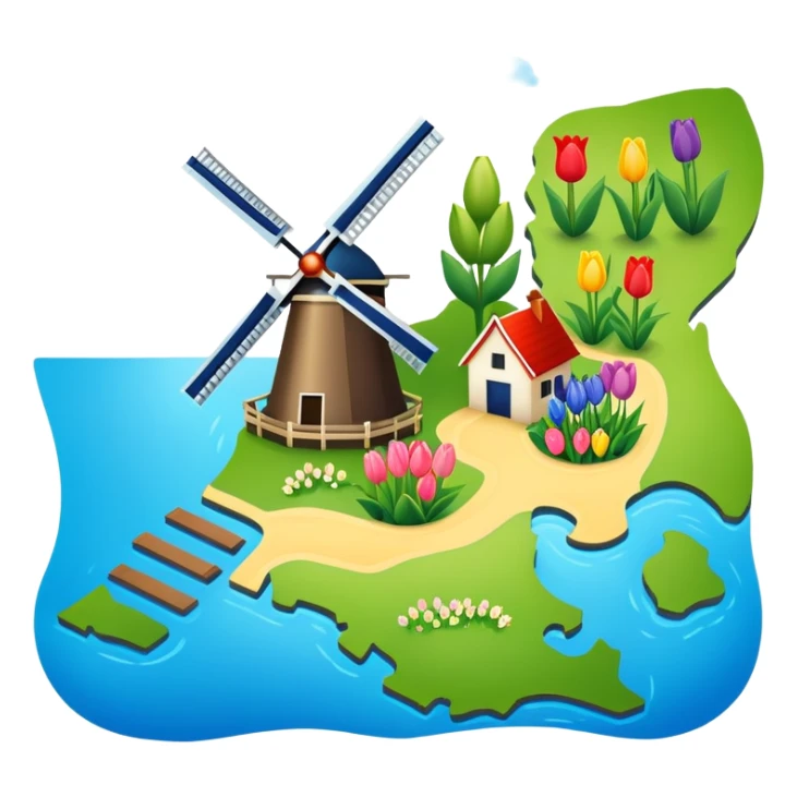 Map of the Netherlands showing canals, tulips, and windmills sticker