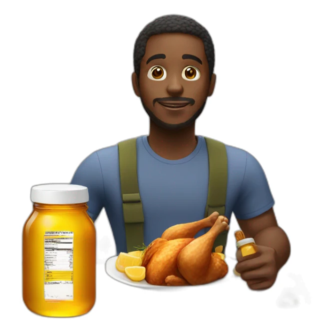 Black man eating chicken next to a honey bottle sticker