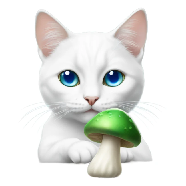 white cat with one blue eye and one green eye eating a mushroom sticker