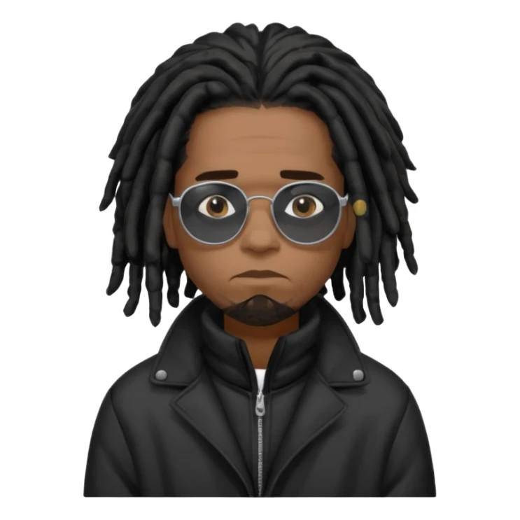 African American man brown skin complexion with black dreadlocks shoulder length wearing black bubble winter coat wearing black sunglasses with sad face sticker