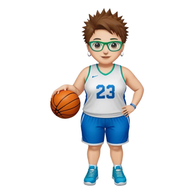 Full Body plus size white female basketball player with short medium brown hair with short spike hair wearing blue glasses 
With a pug wide nose wearing blue green uniform  green sneakers smiling wearing silver hoop earrings sticker