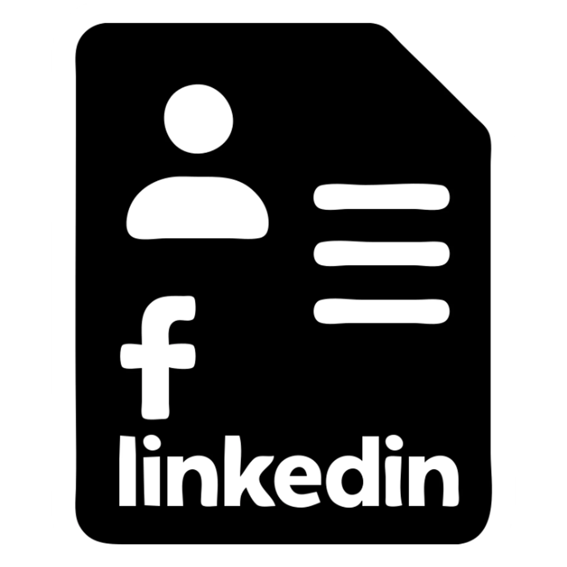 solid black filled icon of a resume or CV document with the text 'f linkedin' on it, bold and minimal, no outline sticker
