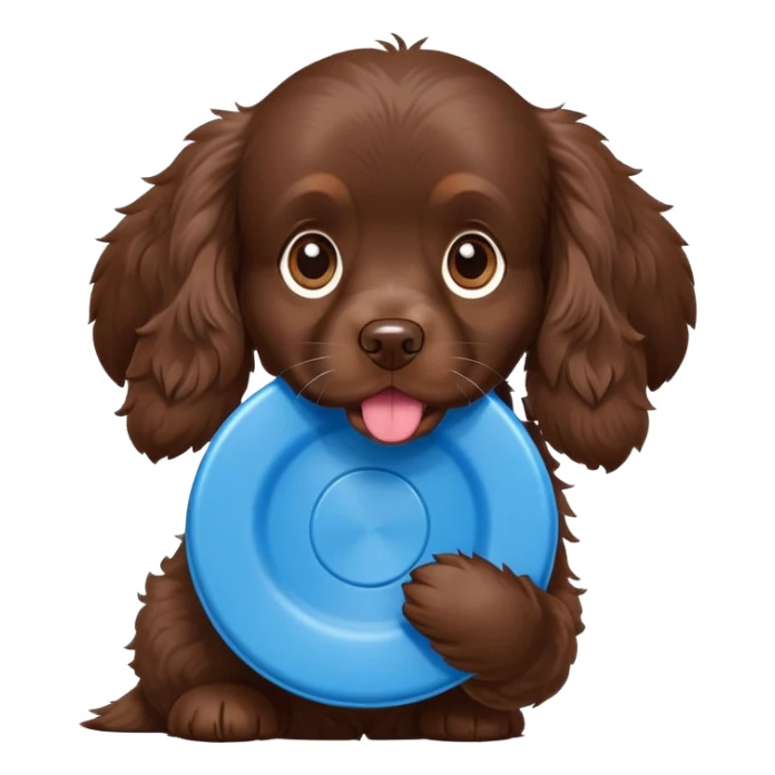 Chocolate brown cocker spaniel with blue frisbee in mouth sticker