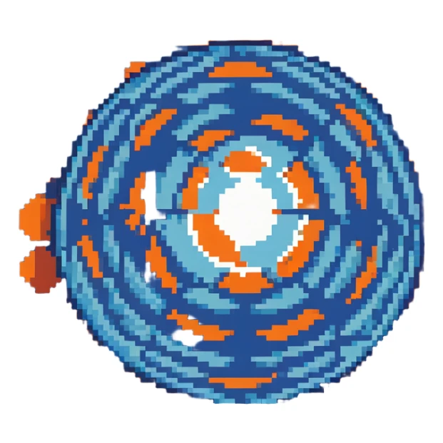 blue orb with expanding circles, 32x32 pixel art game range power-up sticker