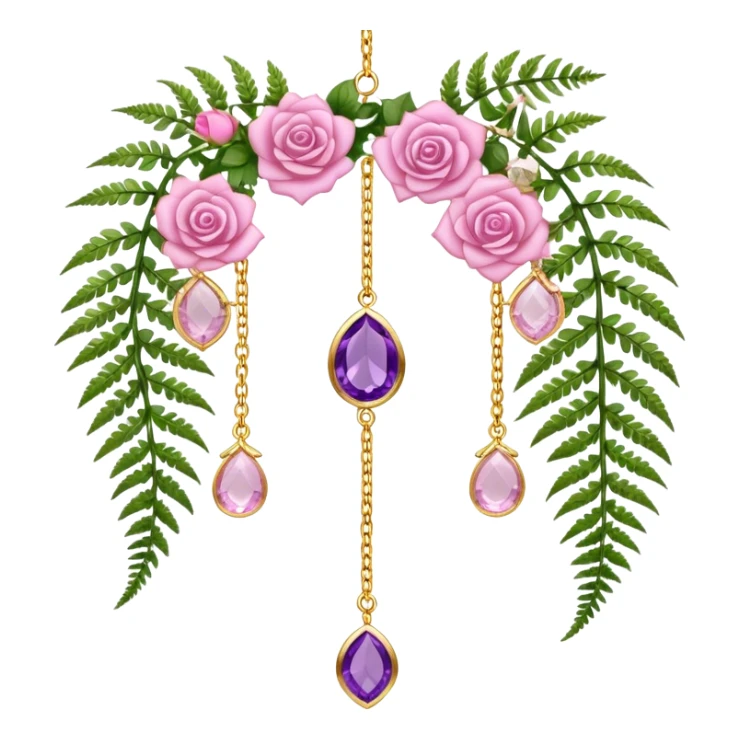 Hanging suncatcher, gold chains with shiny sparkly amethyst and rose-quartz gemstones, roses, fern-leaves  sticker
