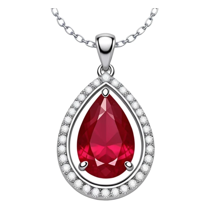 teardrop-shaped ruby pendant cradled in a delicate silver chain, haloed by shimmering white stones sticker