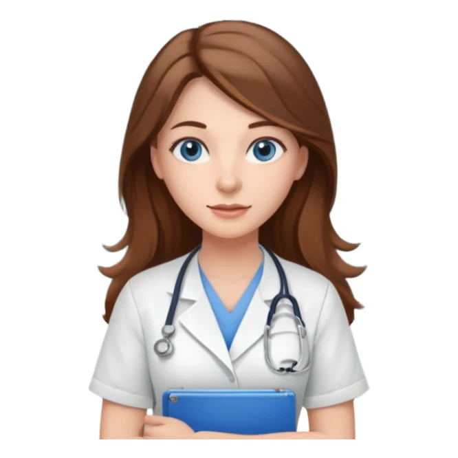 inside a classroom at university that says nursing school on the board with a pretty female nursing student with long brown hair, blue eyes sticker