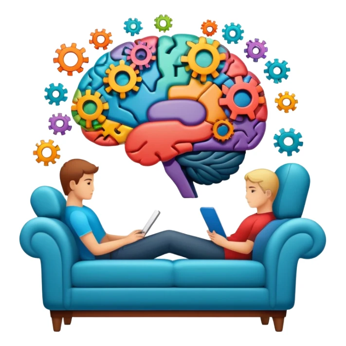 An icon featuring a brain with gears, a mind map, and a therapy couch, symbolizing psychology. The design includes a set of mental health tools and a silhouette of a person in deep thought, representing understanding the human mind. Transparent background sticker