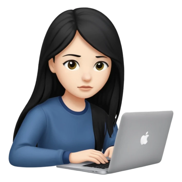 female student with black long hair working on a macbook laptop. sticker