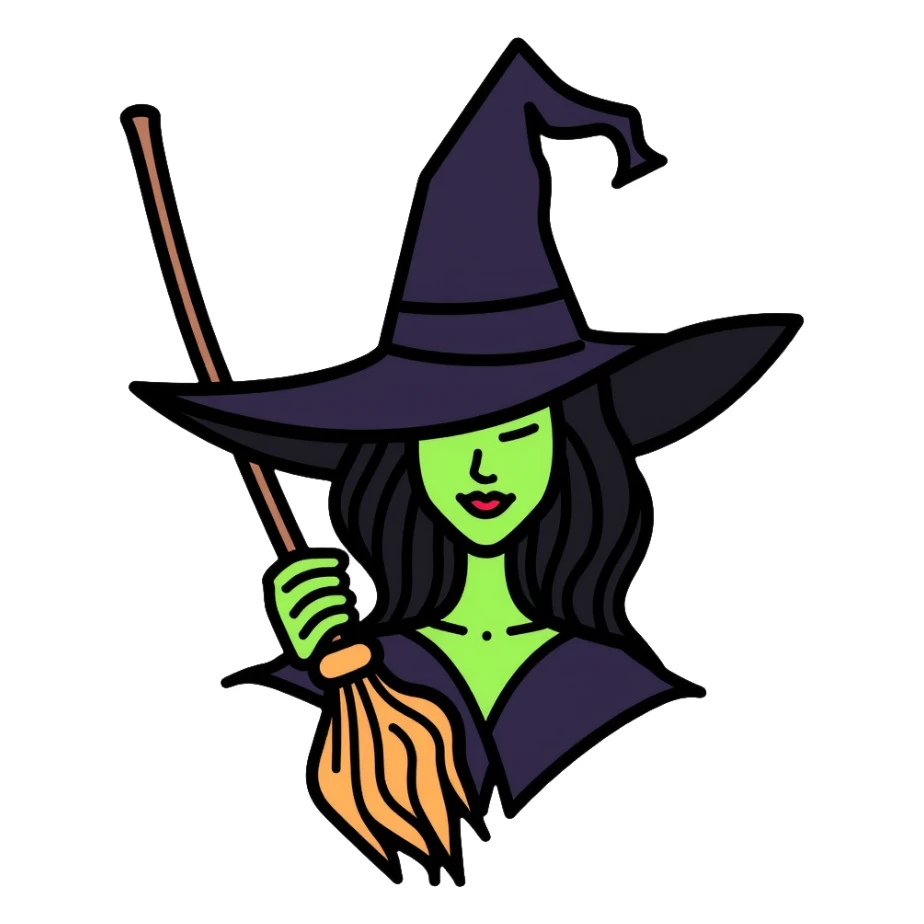 Elphaba from Wicked musical, green-skinned witch with pointy black hat and broom sticker